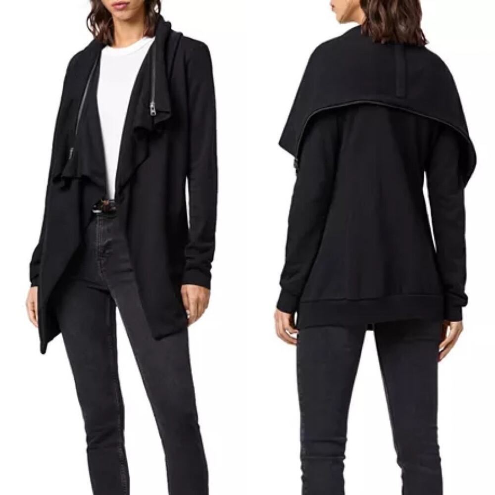 AllSaints Dahlia Cardigan Sweatshirt Medium Black Draped Zip Cowl